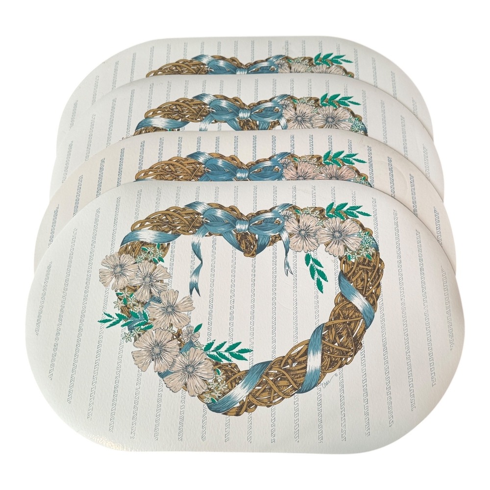 Vintage 1980s Set of 4 Heart Wreath Floral Vinyl Placemats Table Decor